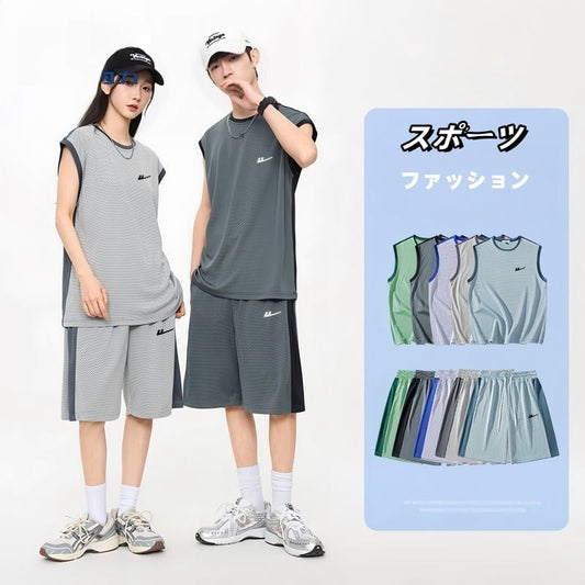 売り切れ必至 ファッション 超人気 男女兼用 ノースリーブＴシャツⅹパンツセット全5色<U-8754>