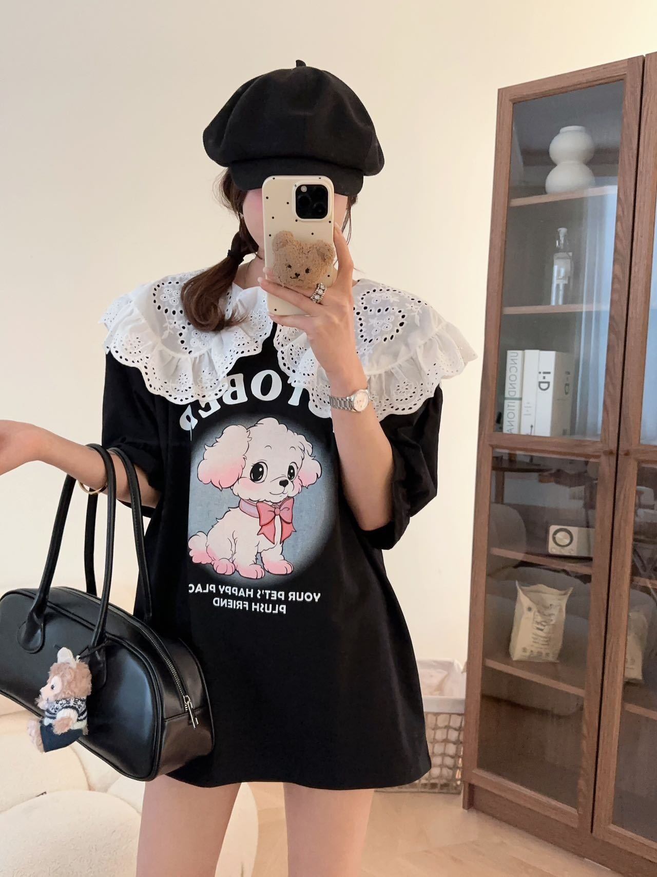 スウィート ワンちゃんロゴ 韓国系 ゆったりTシャツ半袖<U-4882>