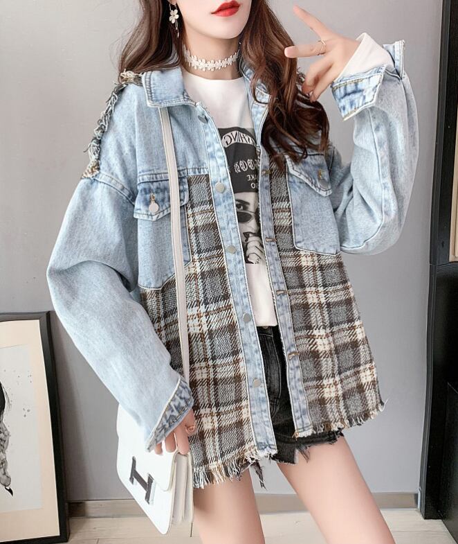 絶対流行 ファッション 活躍する優秀アイテム チェック柄 切り替え デニム Tシャツ ＜U-9264＞