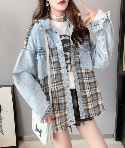 絶対流行 ファッション 活躍する優秀アイテム チェック柄 切り替え デニム Tシャツ ＜U-9264＞