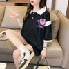 POLOネック 切り替え 熊柄 ロング プリント Tシャツ 二色 ゆったりワンピース ＜U-3020＞