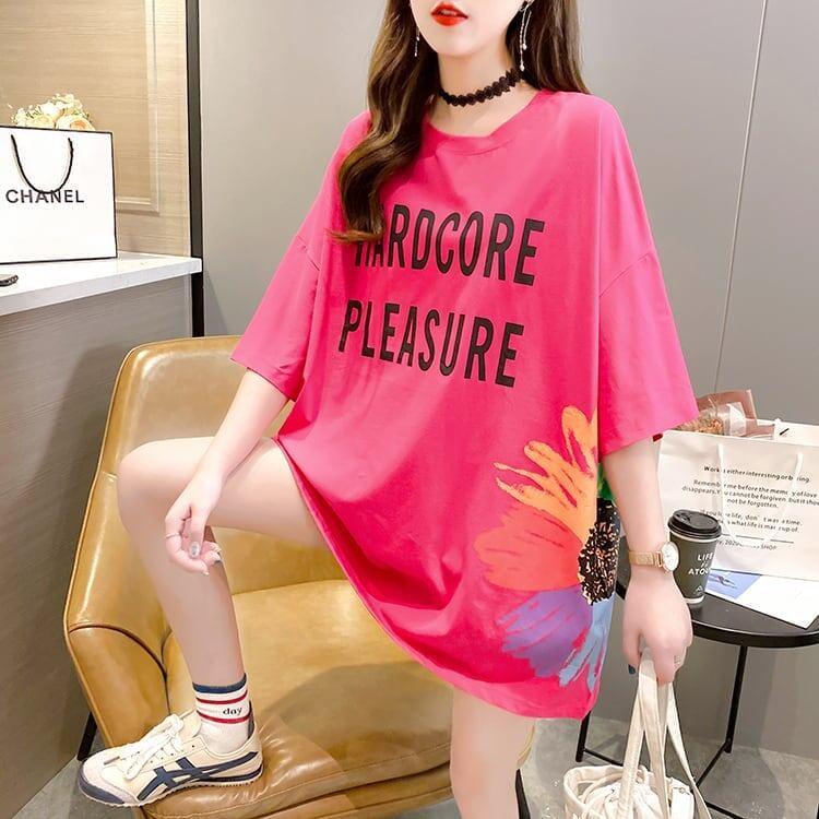 おすすめ アルファベット 花柄 Tシャツ 三色 ゆったり ロング 半袖 ＜U-2946＞