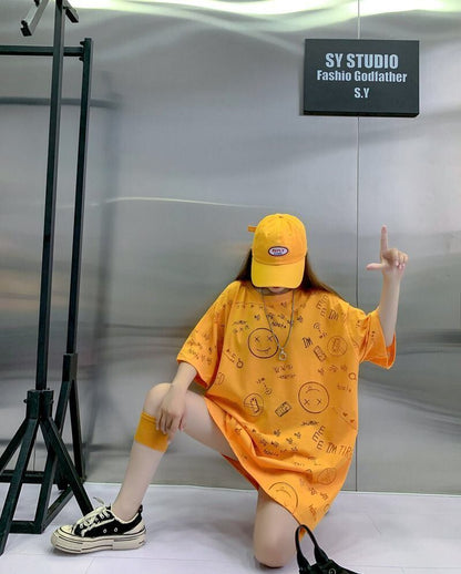 売り切れ必至 ゆったり ファッション感満々 ロング丈 3色半袖Tシャツ＜U-9086＞