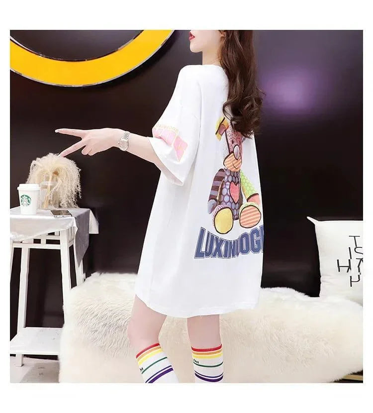 質感のいい アルファベット 熊柄 ドロップショルダー オーバーサイズ Tシャツ ＜U-2878＞