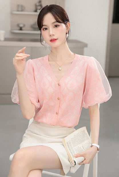 新商品 好感度UP 上質 パフスリーブ 全2色 ニット半袖カーディガン<U-8817>