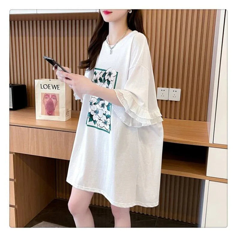 優しい雰囲気 プリント フリル切り替え ロングTシャツ ゆったり半袖＜U-2891＞