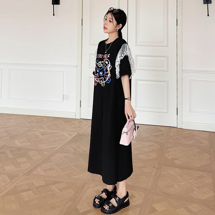 おすすめ レース ファッション 切り替え プリント Tシャツ カットソー ワンピース＜U-8535＞