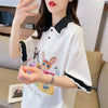 デザインセンスゆったりプリントトップラペルTシャツポロシャツ<U-2898>