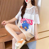 ファッションデザインレースミドル丈半袖Tシャツ<U-3017>