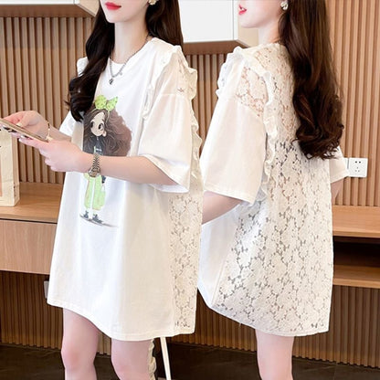 【半額！期間限定！！】着回し力抜群 切り替え プリント レース 切り替え ゆったり半袖 Tシャツ ＜U-8527＞