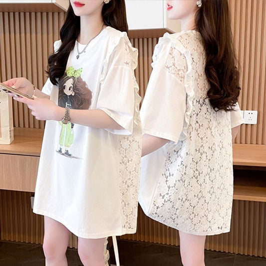 【半額！期間限定！！】着回し力抜群 切り替え プリント レース 切り替え ゆったり半袖 Tシャツ ＜U-8527＞
