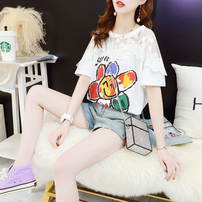 大人可愛い 切り替え レース 透かし彫り プリント全2色 半袖Tシャツ カットソー ＜U-8560＞