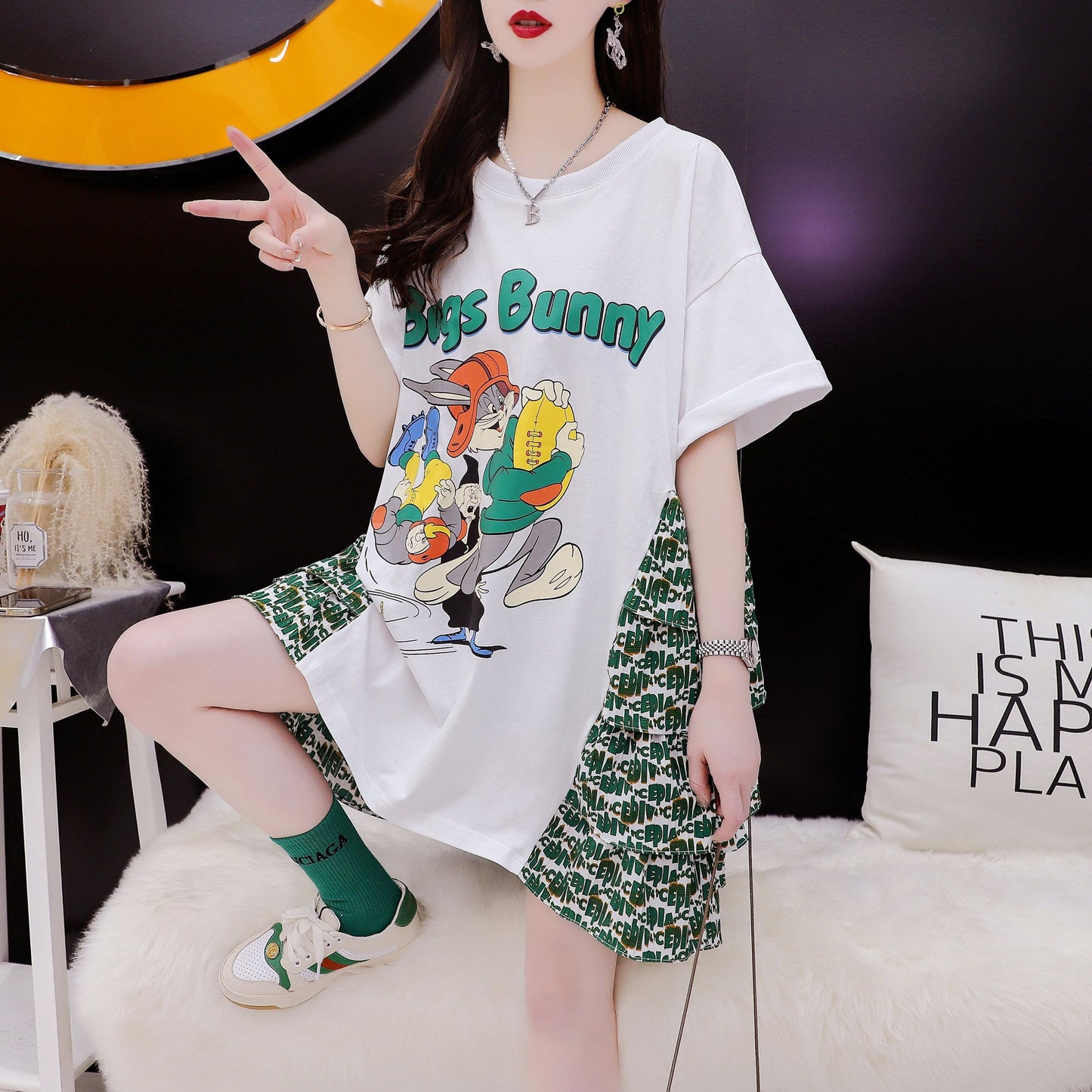 デザイン感 プリント チャーミング Tシャツ カットソー ワンピース＜U-3508＞