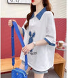 韓国系 ウサギちゃん POLOネック プリントTシャツ 三色 ゆったり半袖 ＜U-3056＞