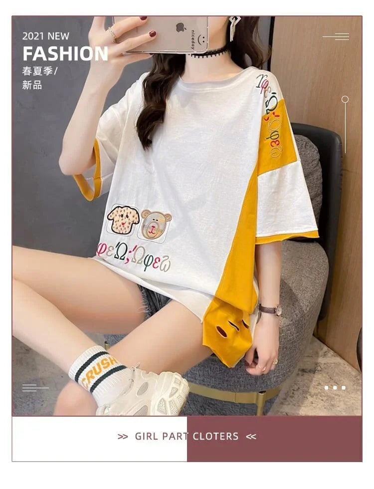 韓国風漫画刺繍ワッペン半袖Tシャツ<U-2991>