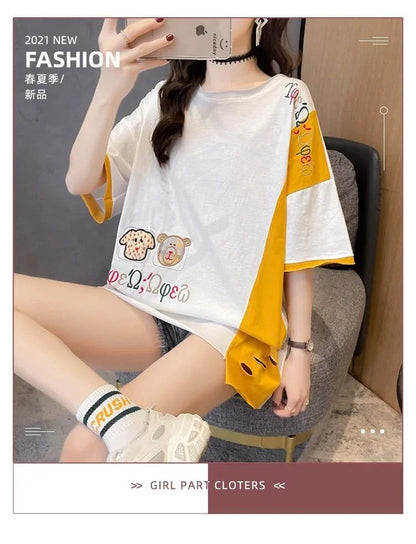 韓国風漫画刺繍ワッペン半袖Tシャツ<U-2991>