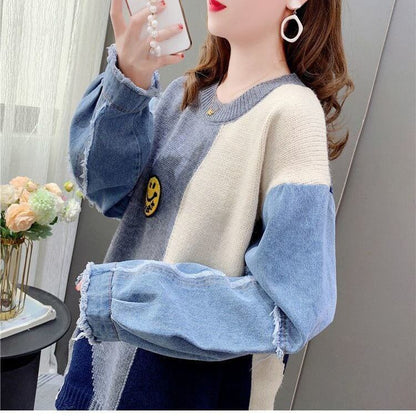 大人気スマイルマークロゴ  ダメージ加工デニム切り替えニットセーター全2色 <U-4576>