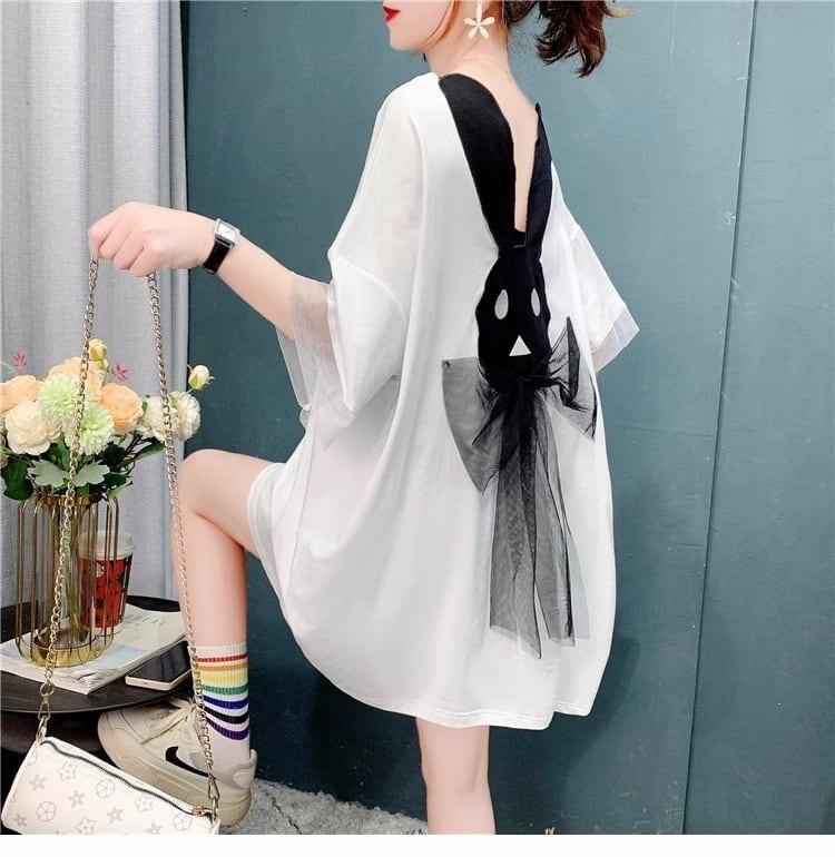 優しい雰囲気 立体のリボン バックオープン プリント ロングTシャツ ゆったり半袖＜U-2939＞
