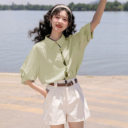 好感度UP 上質 美人度アップ 知的 ストライプ柄 3色選択 半袖シャツ＜U-9047＞