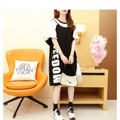 好感度UP レイヤード風 切り替え プリント Tシャツ ゆったりワンピース＜U-8105＞