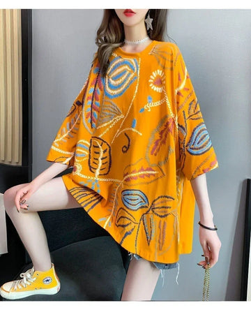 韓国系 ロング 刺繍 Tシャツ 三色 ゆったり半袖 ＜U-2847＞