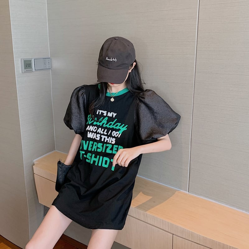話題沸騰中 パフスリーブ ファッション プリント 全2色 半袖 Tシャツ <U-8662>