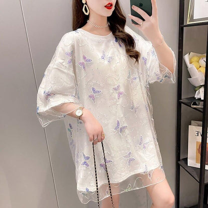イントレンディなメッシュフェイクツーピースバタフライTシャツルーズトップ<U-2858>
