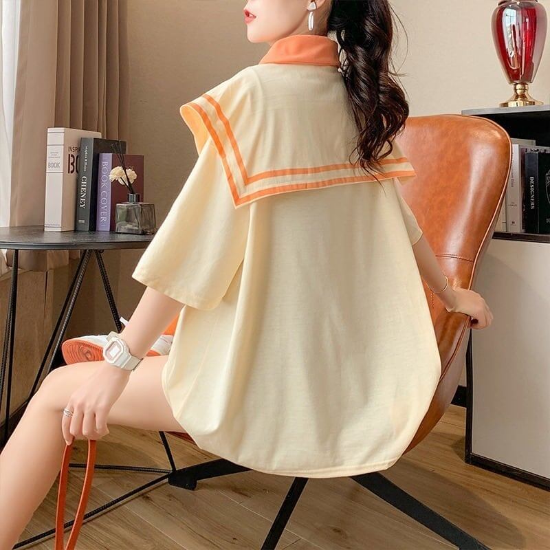 絶対欲しい ロング セーラーカラー Tシャツ 三色 ゆったりワンピース＜U-4028＞