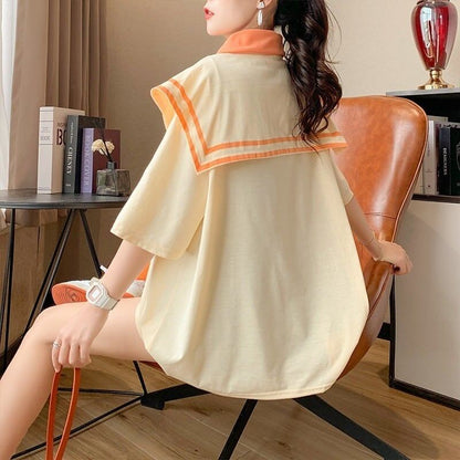 絶対欲しい ロング セーラーカラー Tシャツ 三色 ゆったりワンピース＜U-4028＞