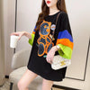 超人気商品 カラーマッチング ベアー柄 切り替え プリント ロング Tシャツ ゆったりワンピース ＜U-4024＞