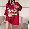 韓国系 オーバーサイズ POLOネック グラフィック ロング Tシャツ 三色 ゆったりワンピース＜U-4025＞