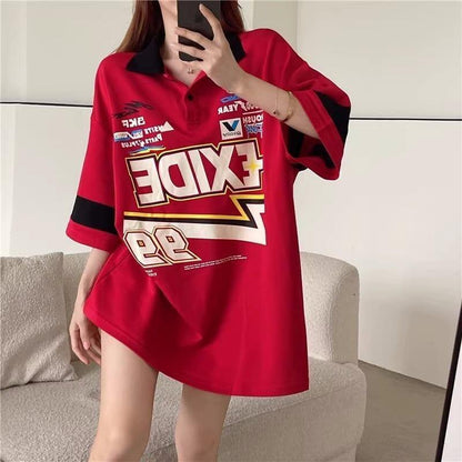 韓国系 オーバーサイズ POLOネック グラフィック ロング Tシャツ 三色 ゆったりワンピース＜U-4025＞