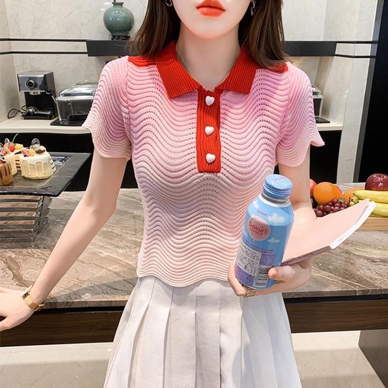 デザイン感 切り替え チャーミング プリント Tシャツ カットソー＜U-3566＞