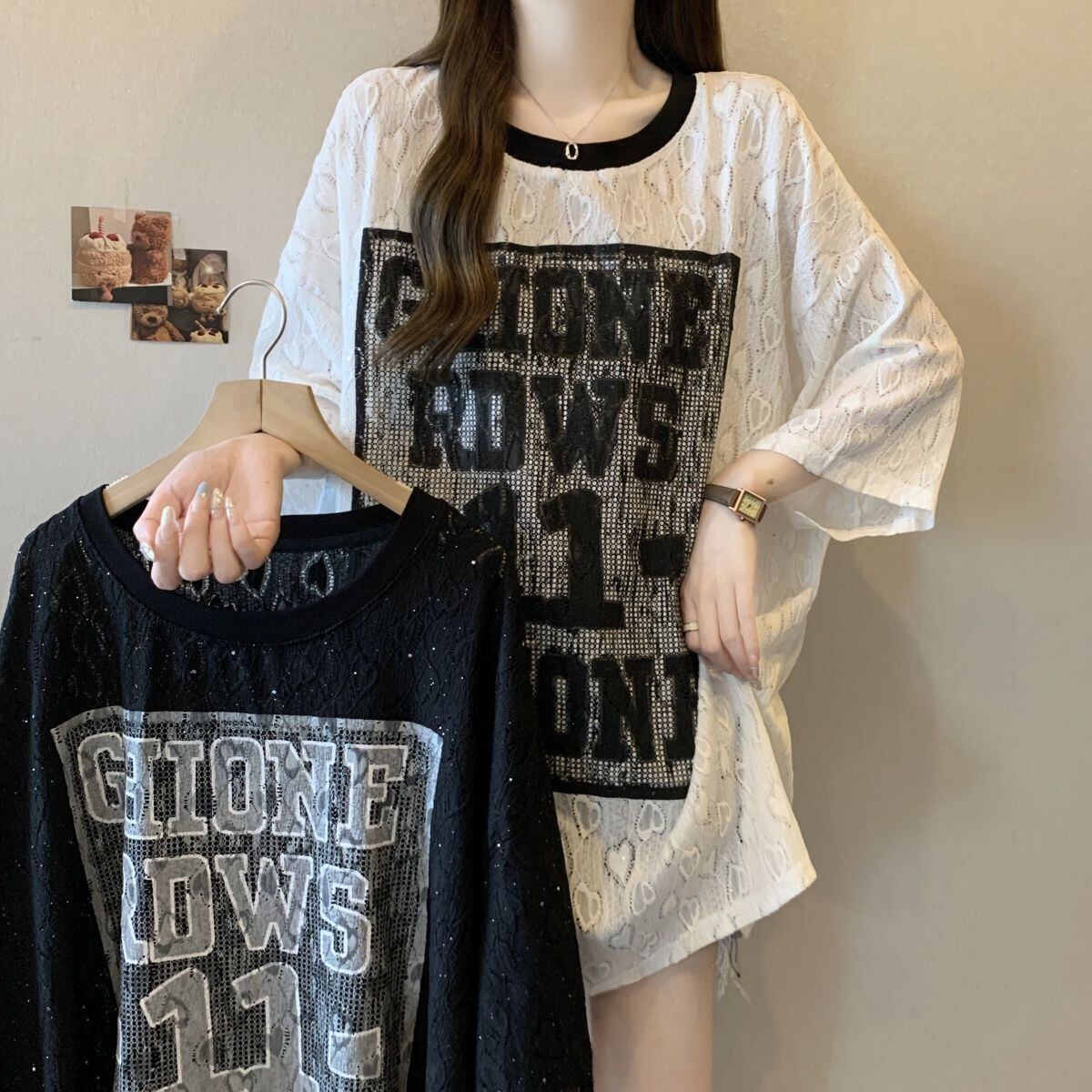 超人気 アバンギャルド 絶対流行 レース プリント全2色 半袖Tシャツ<U-8798>