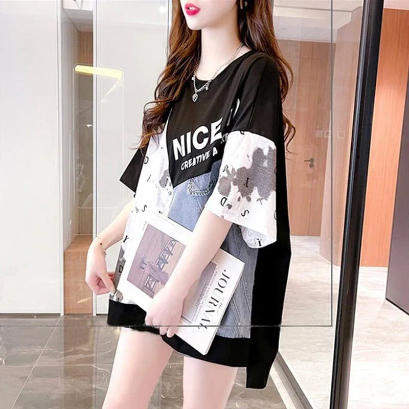 スタイリッシュ 切り替え 一目惚れ プリント Tシャツ カットソー＜U-3102＞