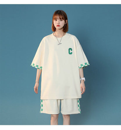 超人気  ルーズ アメリカンスタイルのカジュアルなクロップドジャケット<U-5164> 半袖Ｔシャツⅹパンツセット全2色 <U-8209>