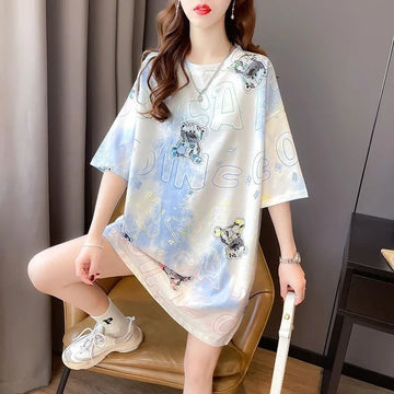 大好評 絞り染め クマ柄 ロング Tシャツ ゆったり半袖 ＜U-3990＞