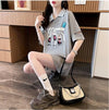 美人度アップ 折り襟 可愛いウサギちゃん プリントロング Tシャツ ゆったり半袖 ＜U-2956＞