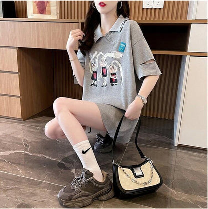 美人度アップ 折り襟 可愛いウサギちゃん プリントロング Tシャツ ゆったり半袖 ＜U-2956＞