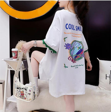 【半額！期間限定！！】デザインセンスニッチなミドル丈半袖Tシャツ2023新スタイル<U-3007>
