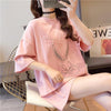 美人度アップ ウサギ ビジュー ロング Tシャツ 三色 ゆったり半袖＜U-2945＞