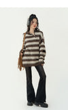 気質満点  ダメージ加工ボーダー柄ゆったりニットセータートップス <U-4670>