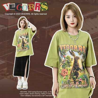 アメリカンレトロ絵画ウサギ半袖Tシャツカップル男女同スタイル<U-2910>