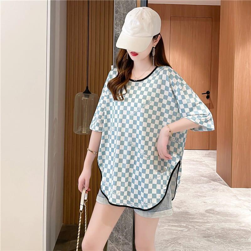 好感度満載 ラウンドネック 女性力を高める チェック柄 Tシャツ カットソー＜U-2985＞