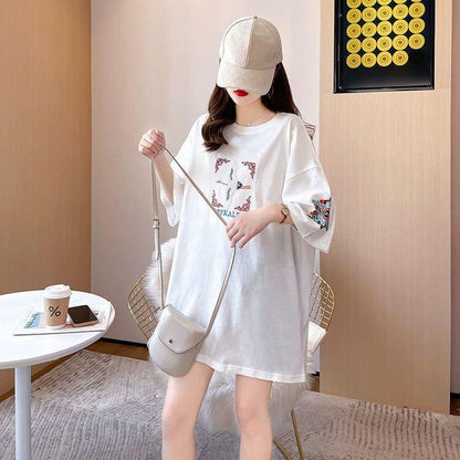 質感のいい 刺Tシャツ ラウンドネック 白 黒 ゆったり半袖＜U-3013＞