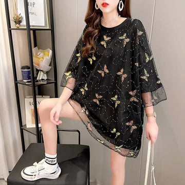 イントレンディなメッシュフェイクツーピースバタフライTシャツルーズトップ<U-2858>