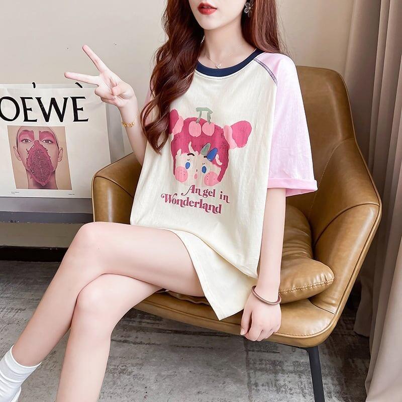 女子マスト ラグランTシャツ カラーマッチング ライトパープル アルファベットプリント半袖 ＜U-2974＞
