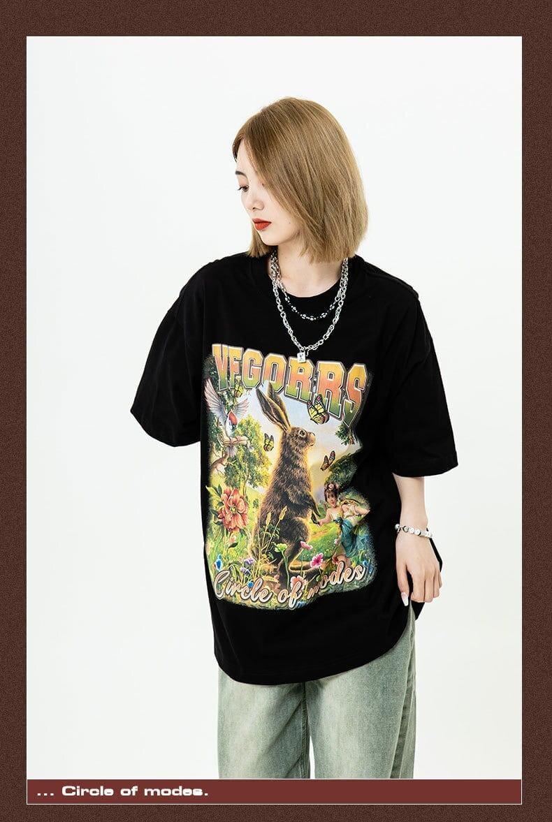 アメリカンレトロ絵画ウサギ半袖Tシャツカップル男女同スタイル<U-2910>