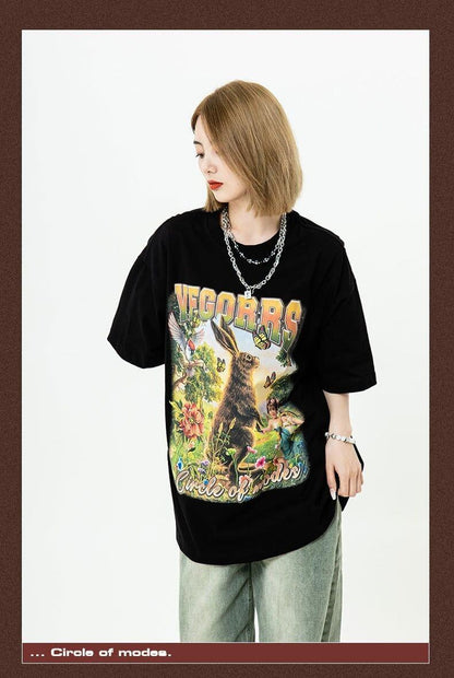 アメリカンレトロ絵画ウサギ半袖Tシャツカップル男女同スタイル<U-2910>