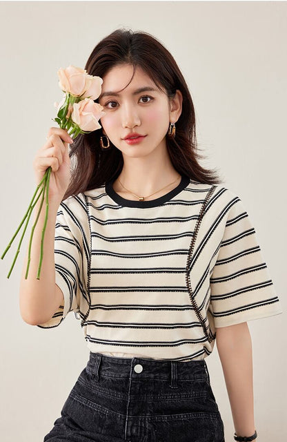 好感度UP ファッション カジュアル エレガント ストライプ柄 Tシャツ<U-8327>